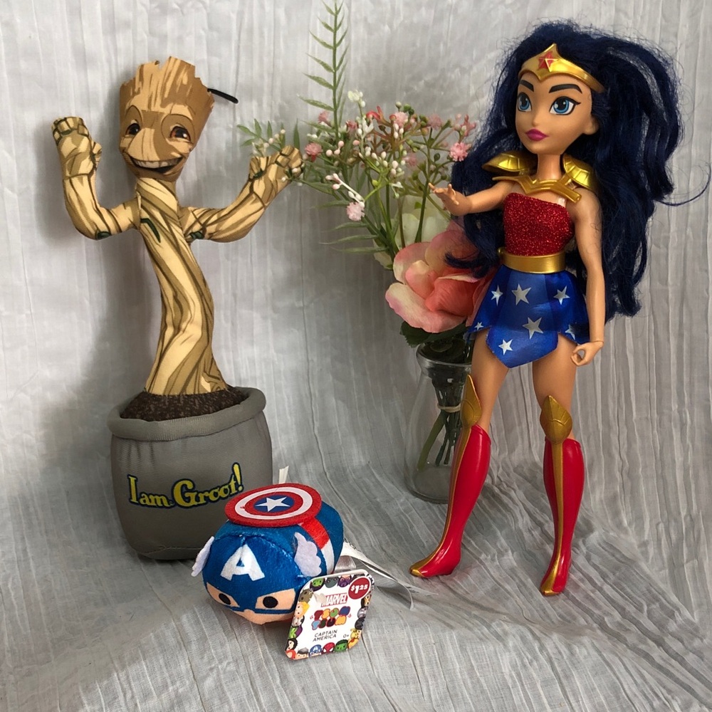 MARVEL Wonder Woman doll GROOT stuffed plush & CAPTAIN AMERICA Tsum Tsum NWT